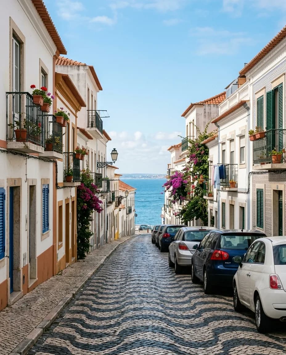 Rua residencial em Cascais com prédios brancos e ocre e o mar ao fundo