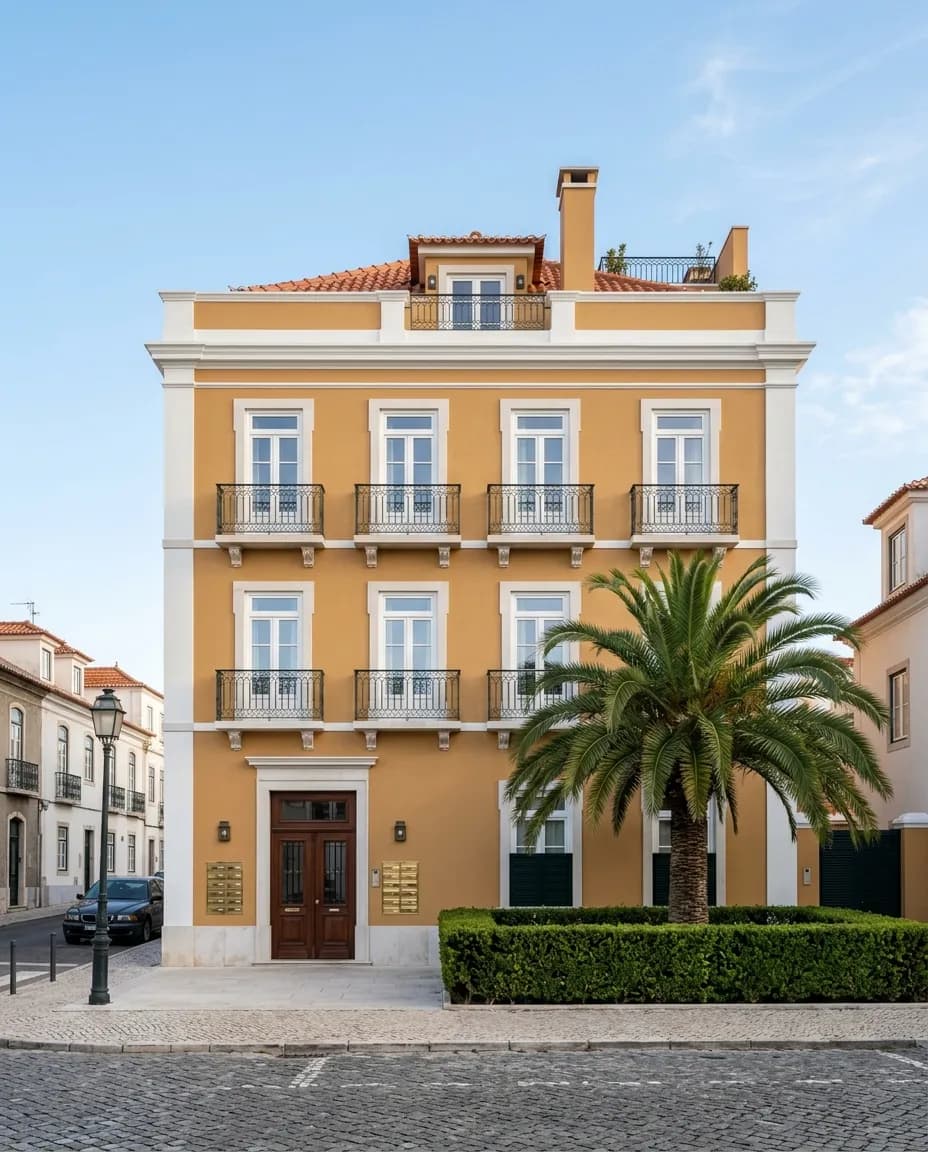 Fachada de um prédio residencial ocre e branco em Cascais à luz da manhã